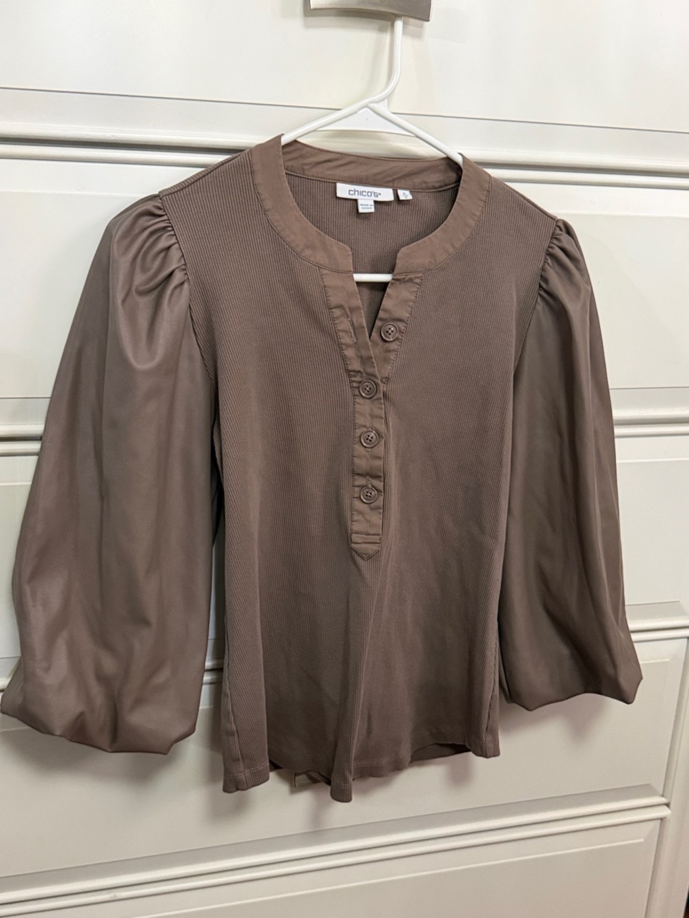 Chico's Taupe Puff Sleeve Henley Blouse